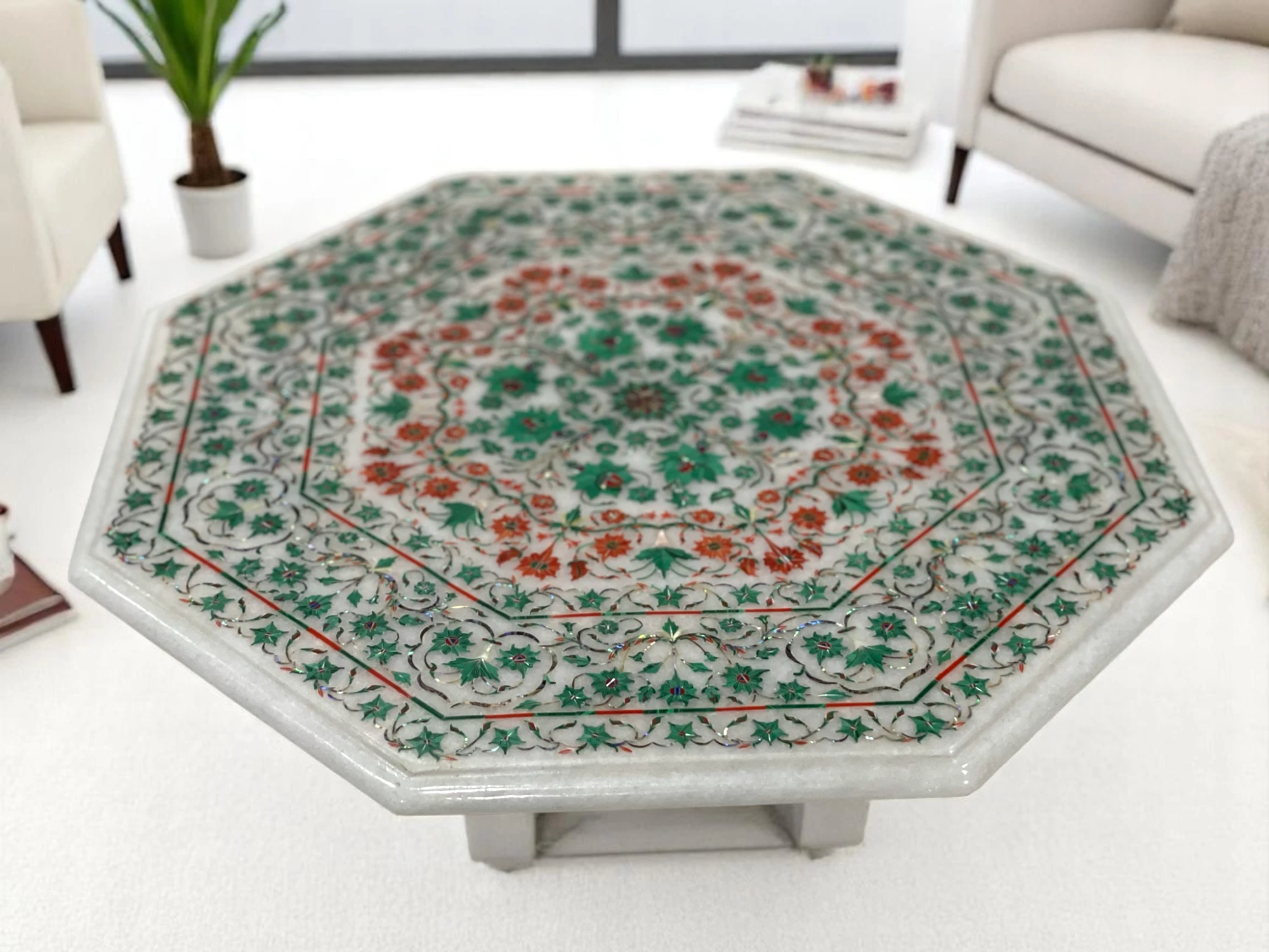 White Marble Side Table Top with Floral Marquetry Inlay Masterpiece
